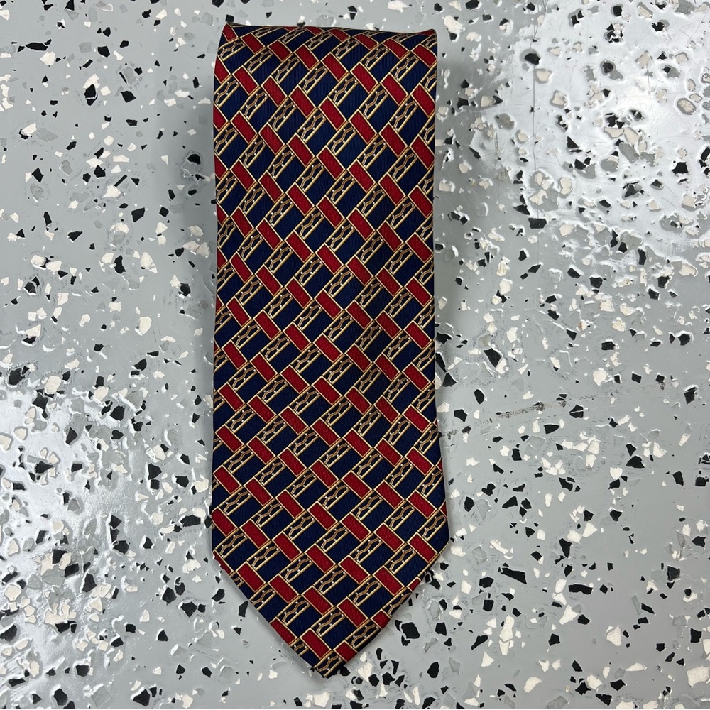 Alexandre London Pure Silk Elegant Red, Gold and Blue Geometric Men's Tie